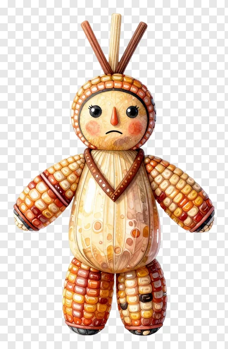 A corn husk doll with a frowning face and three stalks for hair.