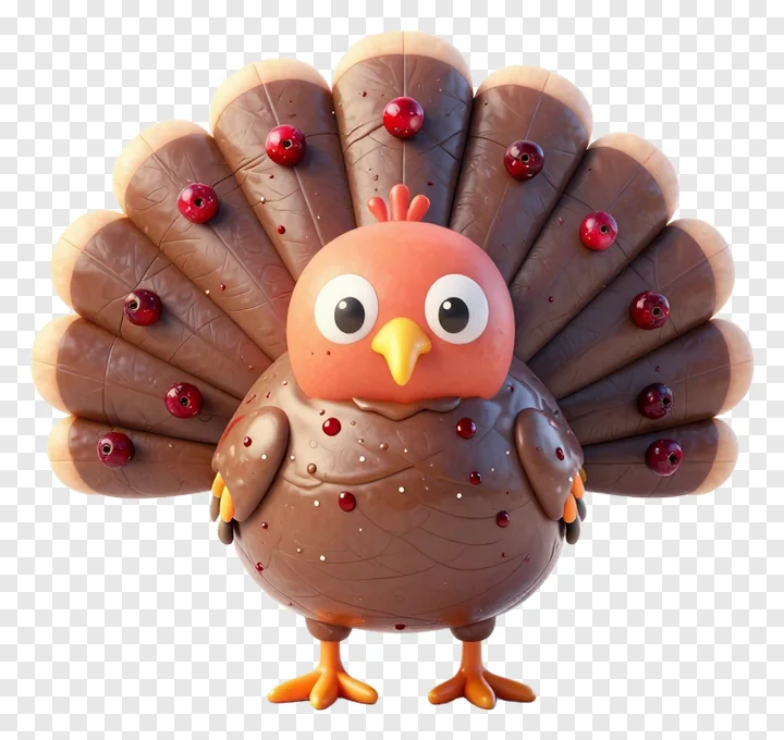 A cartoon turkey with cranberry sauce on its feathers.
