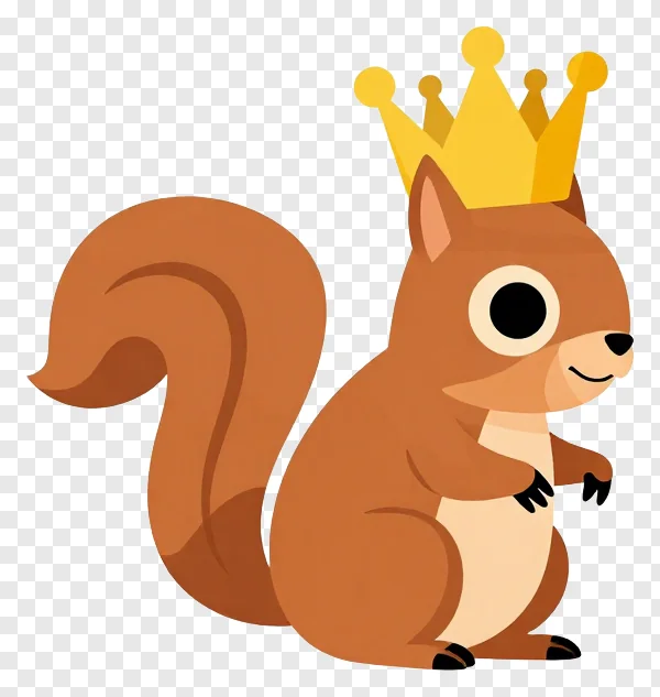 A cartoon squirrel wearing a golden crown.