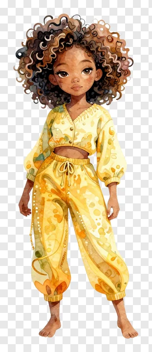 A young girl with curly hair wearing yellow pajamas.