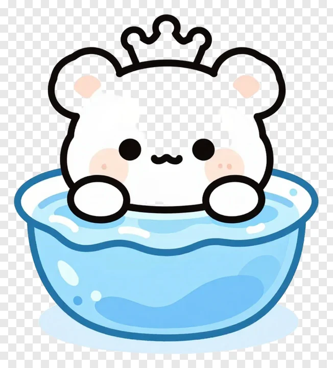 A cartoon bear wearing a crown is bathing in a bowl of water.