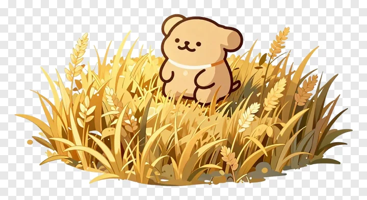 A cute cartoon bear sitting in golden grass.