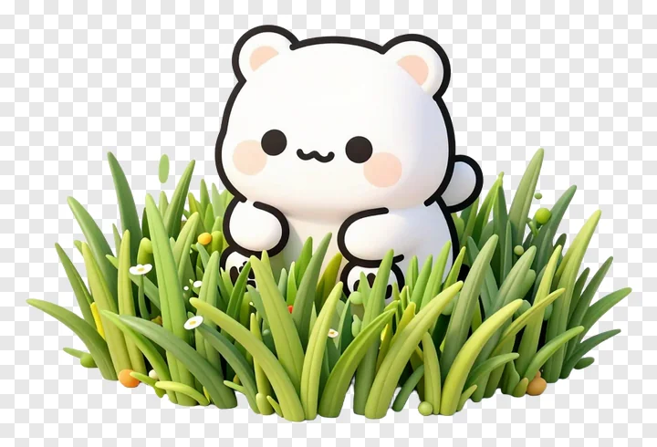 A cute cartoon bear peeking from green grass.