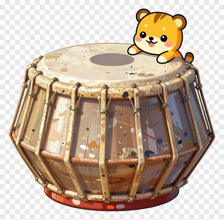 A cartoon bear perched on a tabla drum.