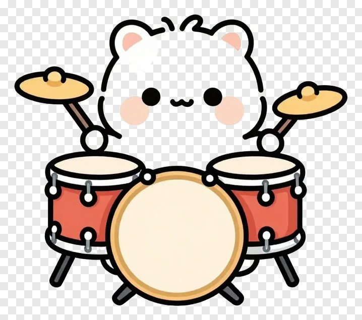 A cute white cartoon bear playing a miniature drum kit.