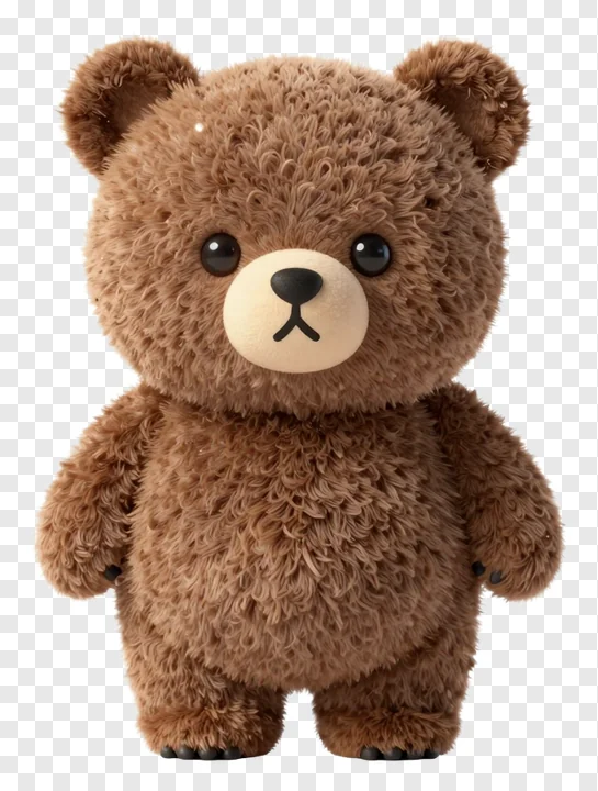 A cute brown fuzzy bear toy with large eyes.