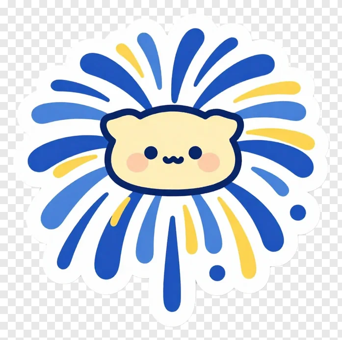 A cute cartoon cat in a blue and gold firework explosion.