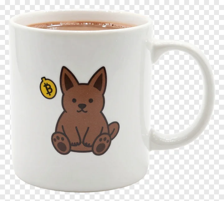 White mug with cartoon dog and Bitcoin symbol.
