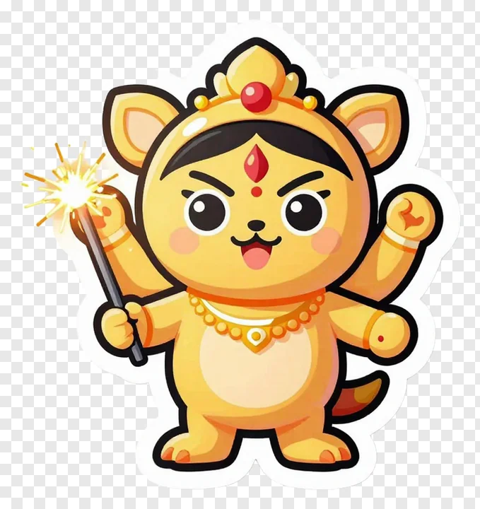 A cartoon cat dressed as Durga Puja holding a sparkler.
