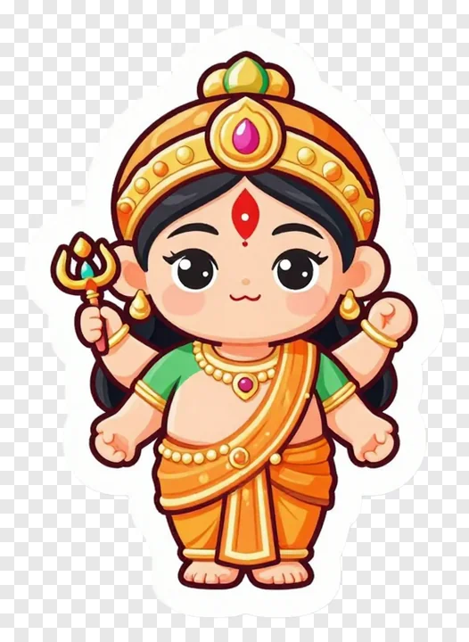 Cute cartoon Durga with four arms holding a trishul.