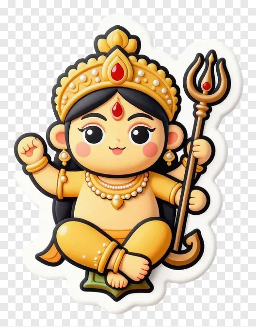 A cute cartoon goddess Durga holding a trishul.