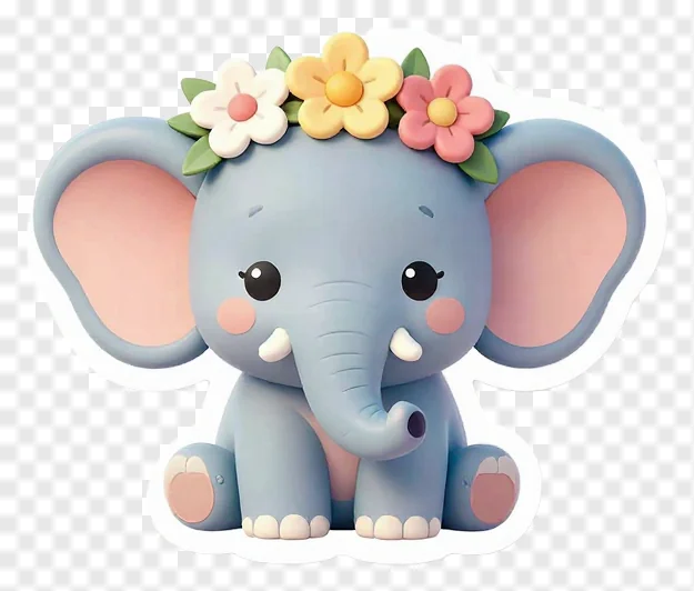 A blue cartoon elephant wearing a flower crown.