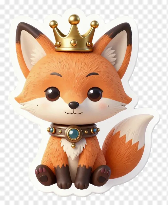 A cute fox wearing a gold crown and decorative collar.