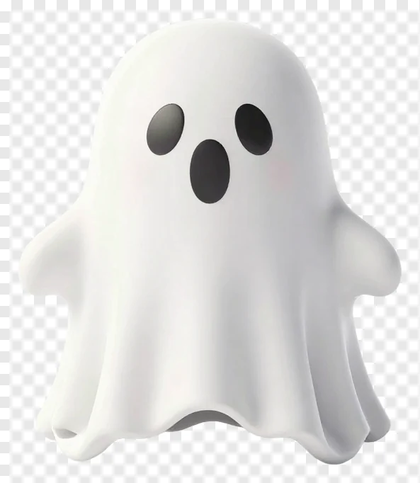 A cute white ghost with black eyes and mouth.