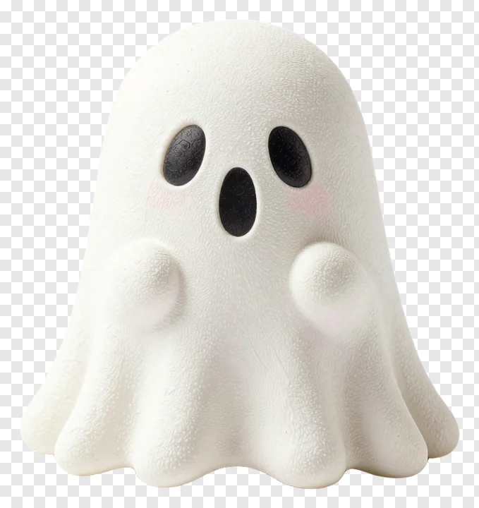 A cute white ghost with textured surface and pink cheeks.