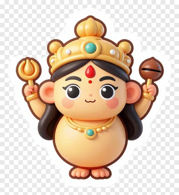 Cute cartoon Durga holding trishul and bell.