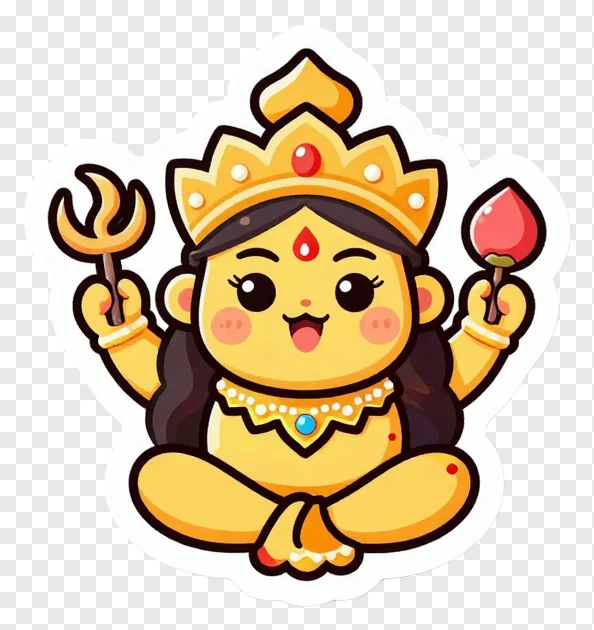A cute cartoon goddess Durga holding a trishul and a lotus.