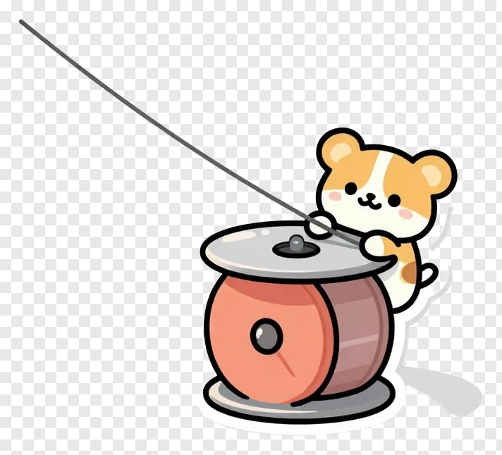 A cute cartoon hamster holding an orange kite string spool.