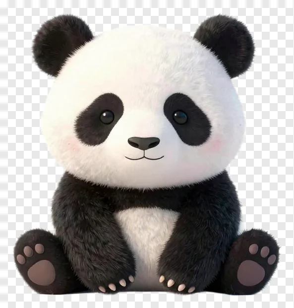 A cute, seated panda plush toy with black and white fur.