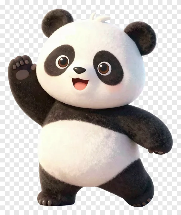 A cute cartoon panda waving with a white tuft on its head.