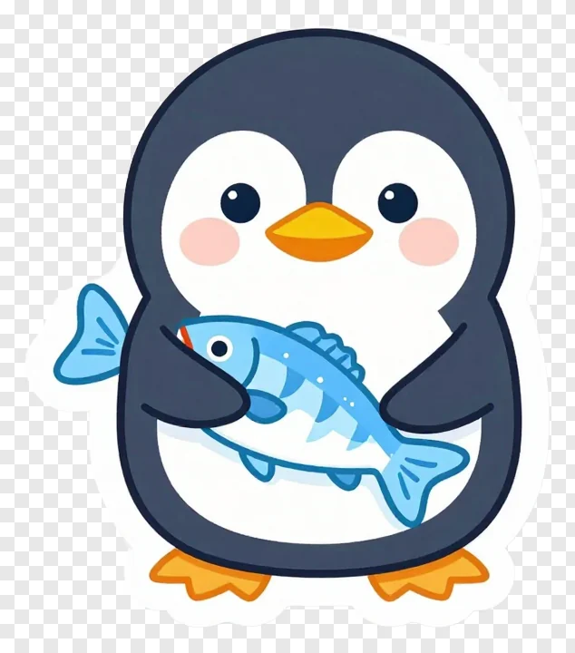 A cute penguin holding a blue fish.