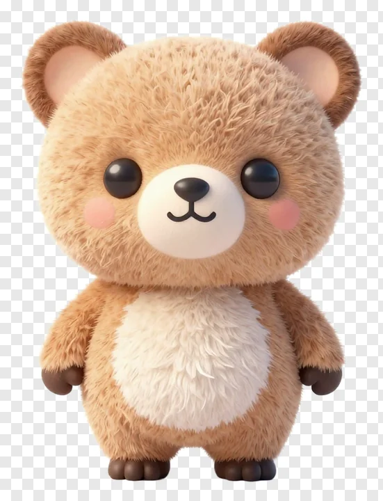 A cute, fluffy brown bear toy with a white belly.