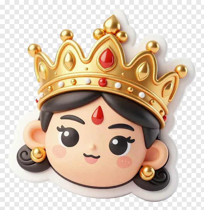 A cartoon queen wearing a golden crown with red jewels.