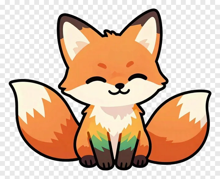 A cute cartoon fox with a rainbow chest sitting and smiling.
