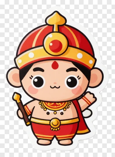 A cute cartoon figure in red and gold festival clothing.
