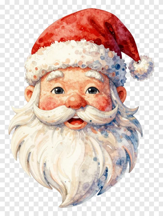 Watercolor illustration of Santa Claus face with red hat.