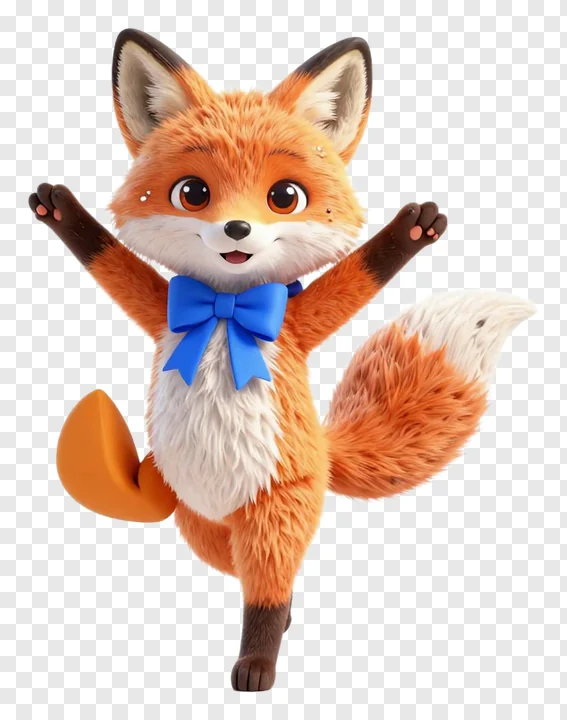 A dancing cartoon fox wearing a blue bow.
