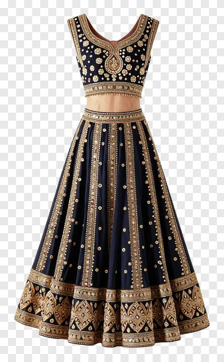 A dark blue embroidered lehenga outfit for a garba dancer.