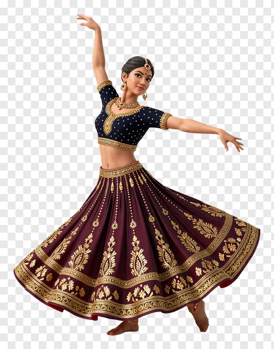 A 3D garba dancer wearing a dark blue top and maroon skirt.