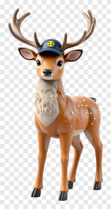 A deer wearing a blue hat with a yellow emoji.