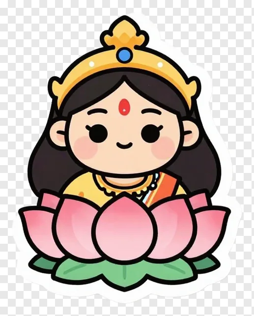 Cartoon goddess Durga seated on a lotus flower.