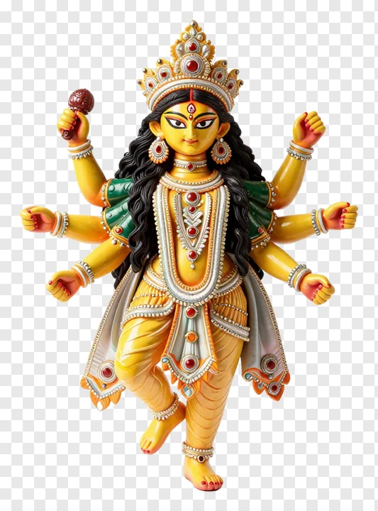 A multi-armed Durga idol with raised fists and ornate jewelry.