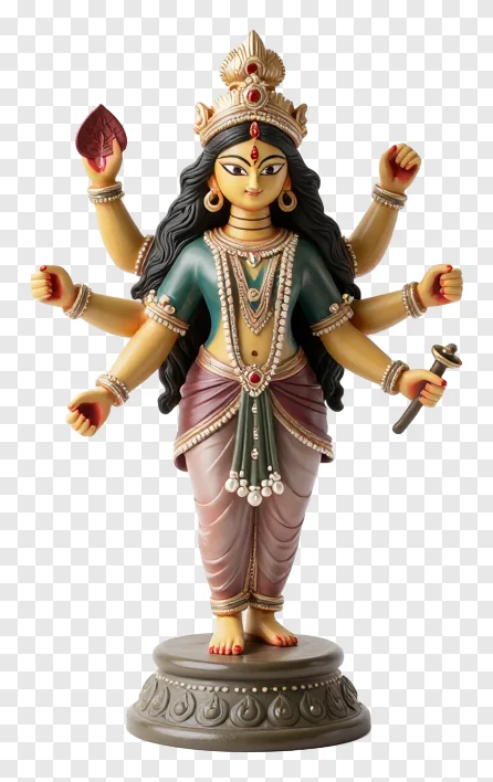 Statue of Durga holding a leaf and trishul.
