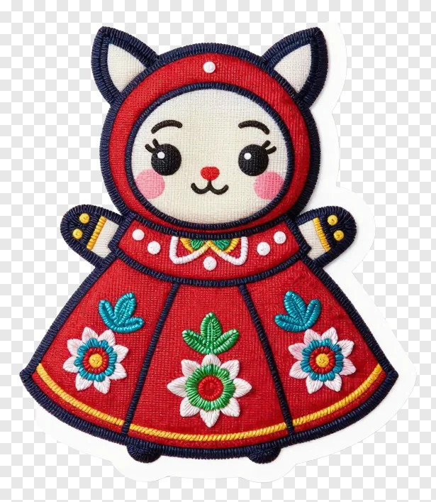 A cartoon cat in a red embroidered dress with flowers.