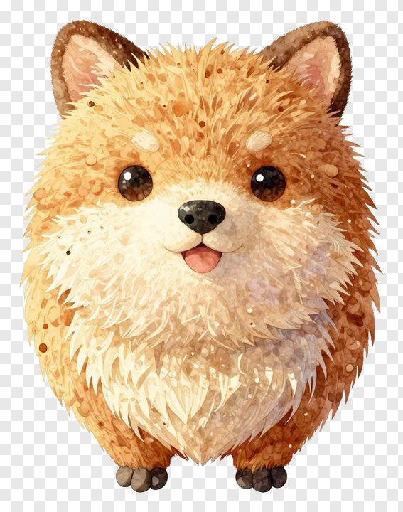 A fluffy tan cartoon animal character with big eyes and a happy expression.