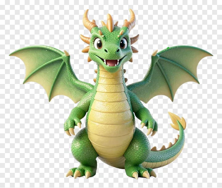 A green dragon toy with wings spread and a happy expression.