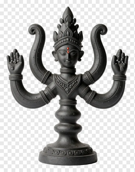 Black Durga statue with serpentine arms.