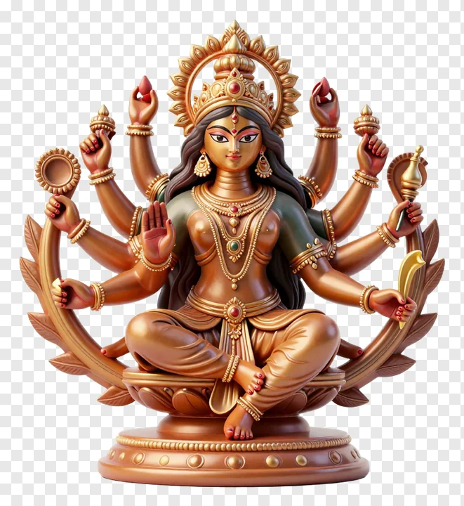 Golden Durga statue with eight arms on a lotus base.