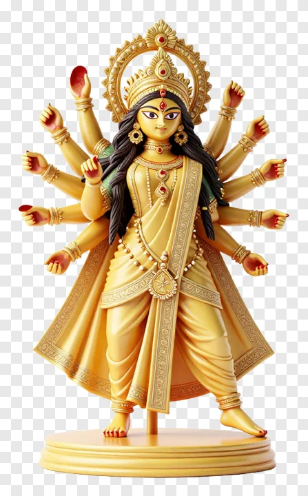 Golden eight-armed Durga statue on a base.