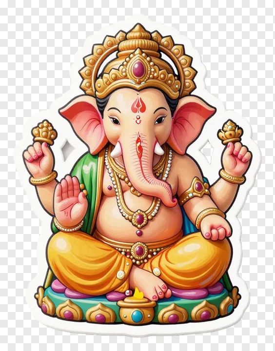 Cartoon Ganesha idol with gemstone crown and red nail polish.