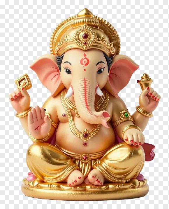 Golden Ganesha idol with pink ears and red nail polish.