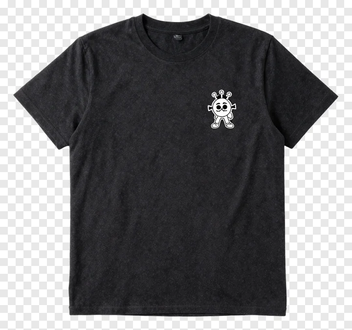 Black t-shirt with a white cartoon gangster character on the chest.