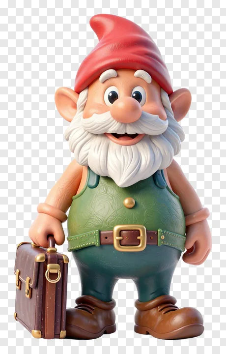 Cartoonish garden gnome holding a suitcase.