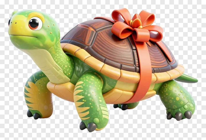 Green turtle toy with an orange bow on its shell.