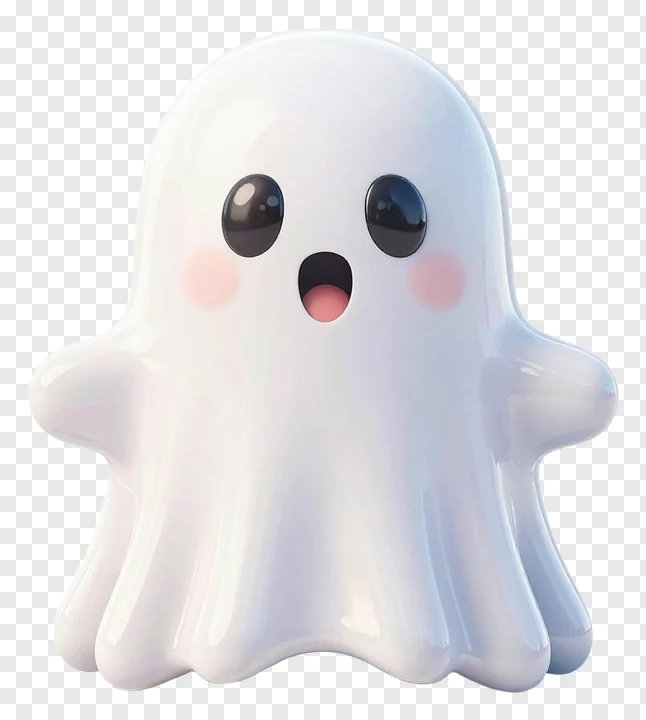 A cute, glossy ghost with pink cheeks and big eyes.