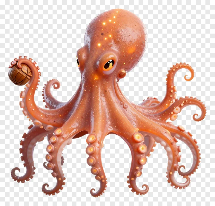 A glowing octopus holding a nut in its tentacle.